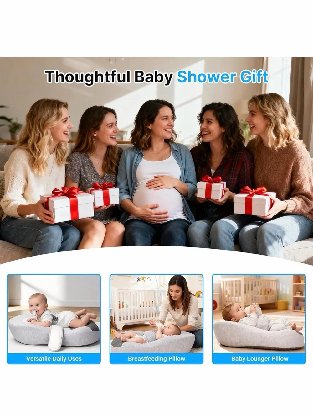 Baby👶🏻Nursing🤱🏻Pillow - Gray Infant👶🏻Lounger with Safety Strap